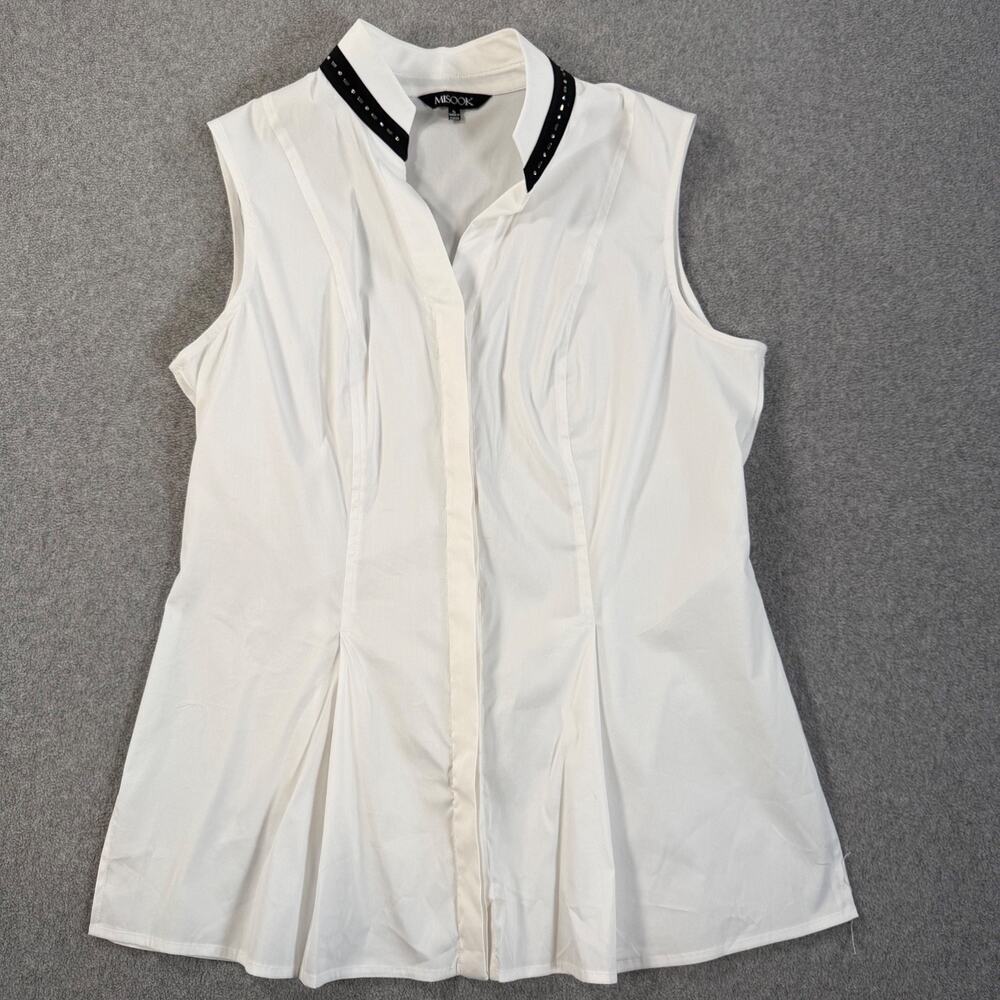 Misook Sleeveless Button Front Blouse Women's Small White with Black Collar Trim